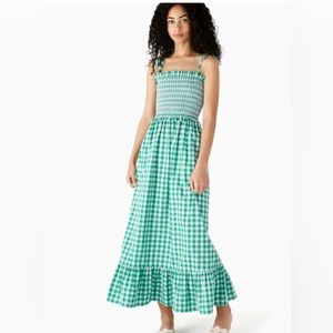 KATE SPADE Green & White Gingham Smocked Bodice Long Dress Size Small NWOT